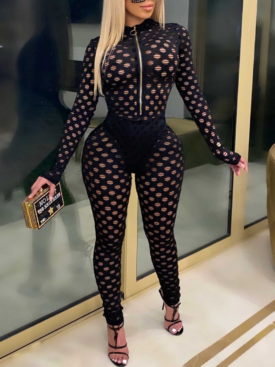LovelyWholesale SXY See Through Zipper Design Pierced Skinny Jumpsuit Fall Long Sleeve Sxy Round Neck Spring Summer 2024