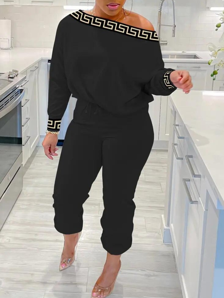LW Plus Size Boat Neck Geometric Print Regular Fit Pants Set