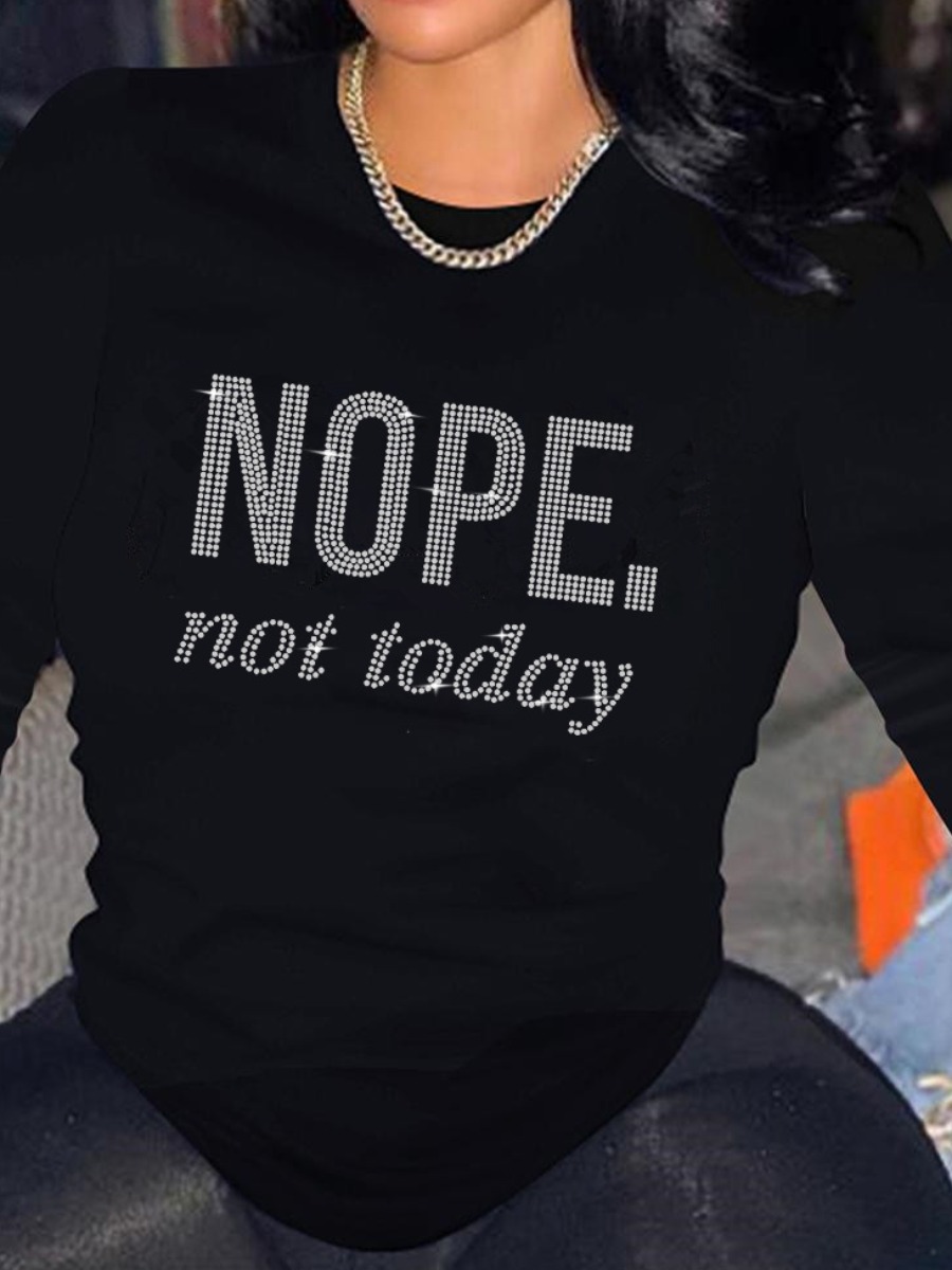 LovelyWholesale Plus Size Rhinestone Letter Decor T-shirt Fall Long Sleeve Casual Hot Drilling Round Neck  5X Spring Summer 2024
