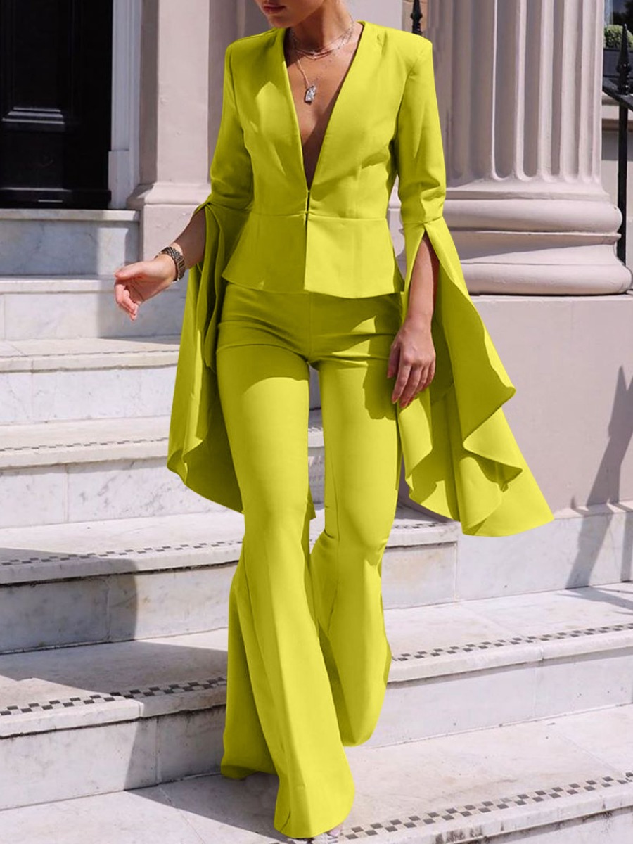 LovelyWholesale V Neck Split Sleeve Flared Pants Set Fall Long Sleeve Elegant Asymmetrical Lapel Neck Spring Summer 2024