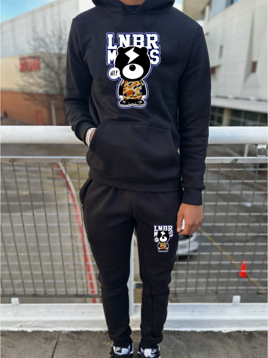 LW Men Cartoon Letter Print Kangaroo Pocket Tracksuit Set