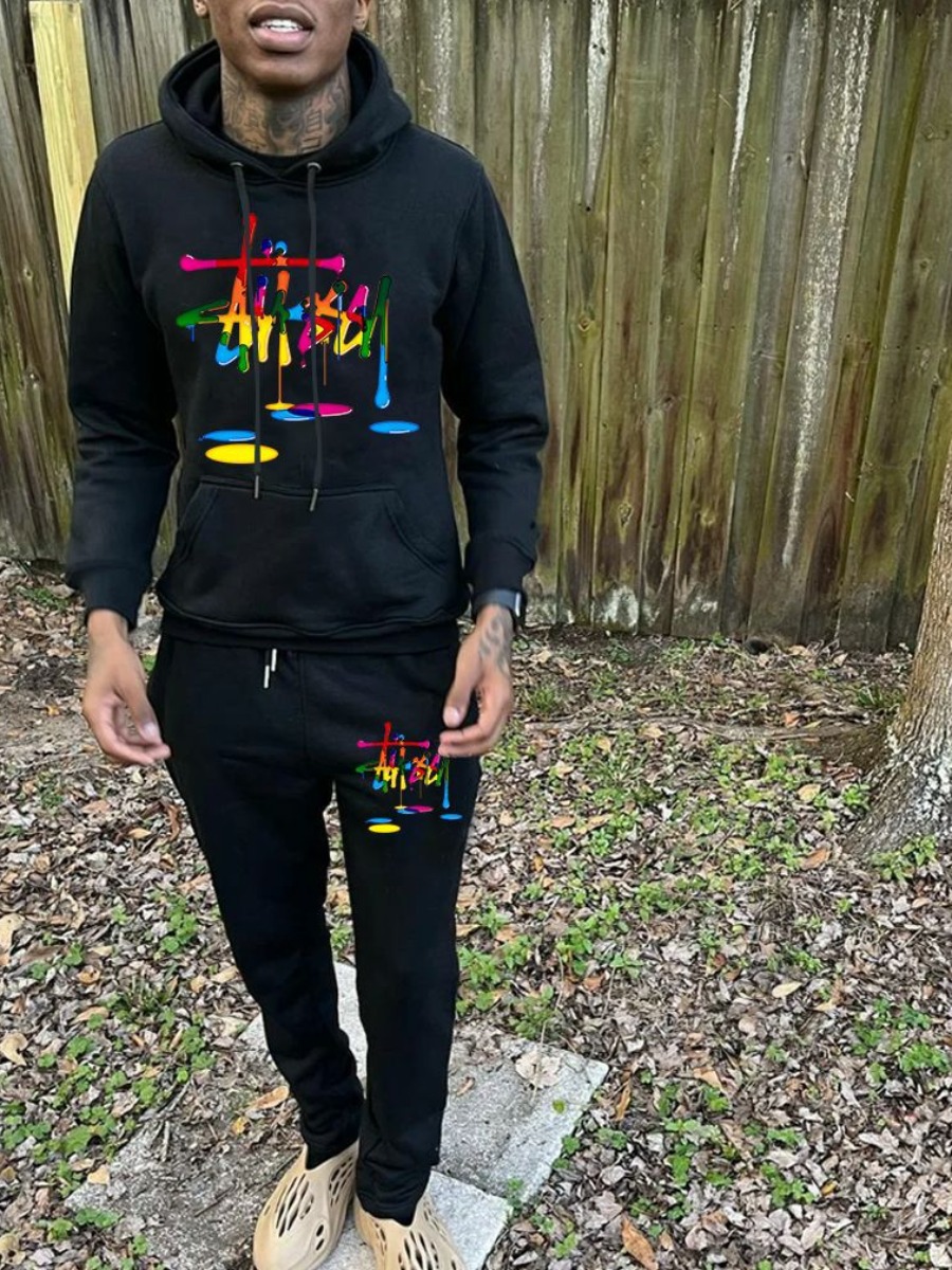 LW Men Tie Dye Letter Print Kangaroo Pocket Tracksuit Set