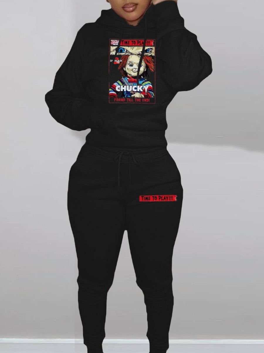 LW Plus Size Figure Letter Print Kangaroo Pocket Tracksuit Set
