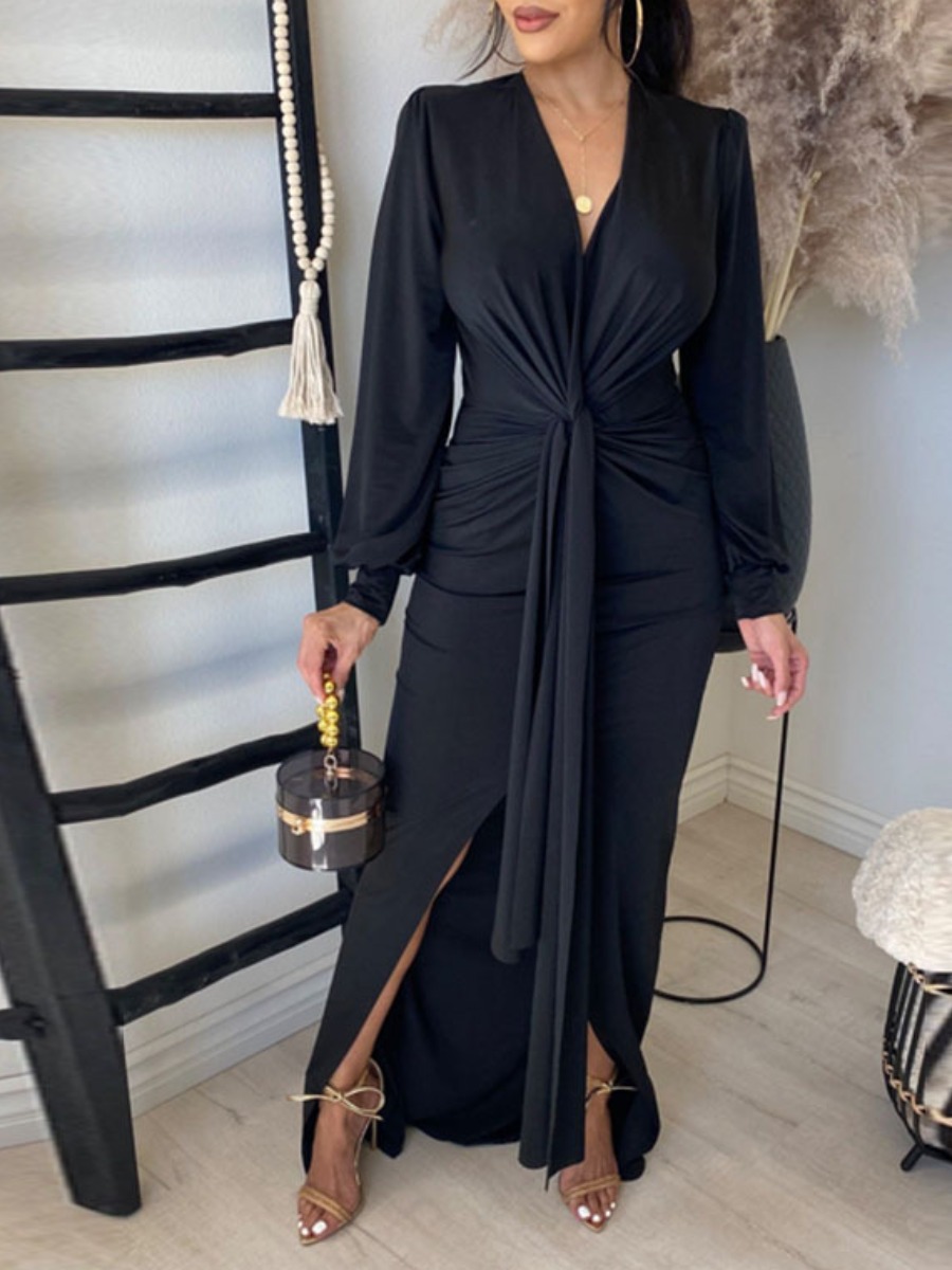 LovelyWholesale Split Front Knot Bodycon Dress Fall Long Sleeve Elegant V Neck Spring Summer 2024