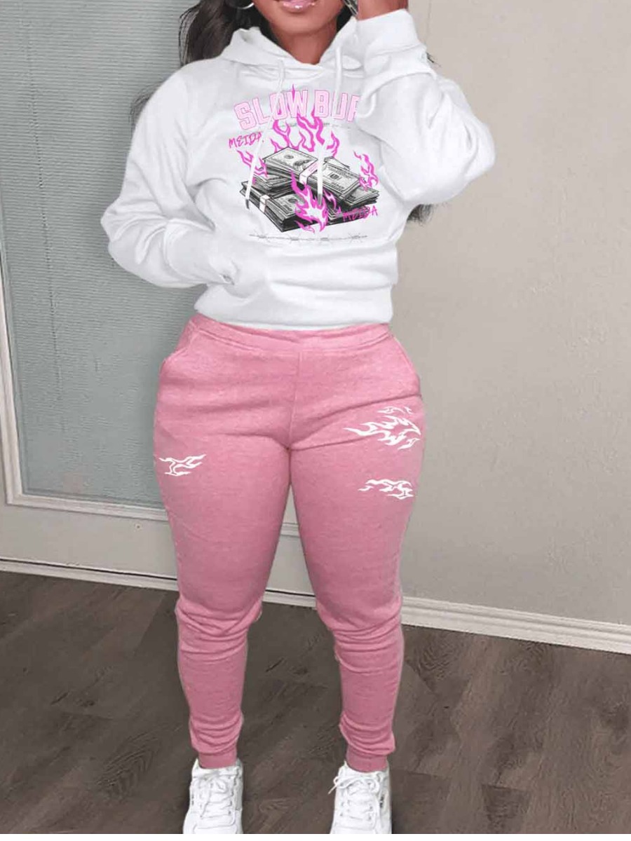 LW Plus Size Money Letter Print Kangaroo Pocket Tracksuit Set