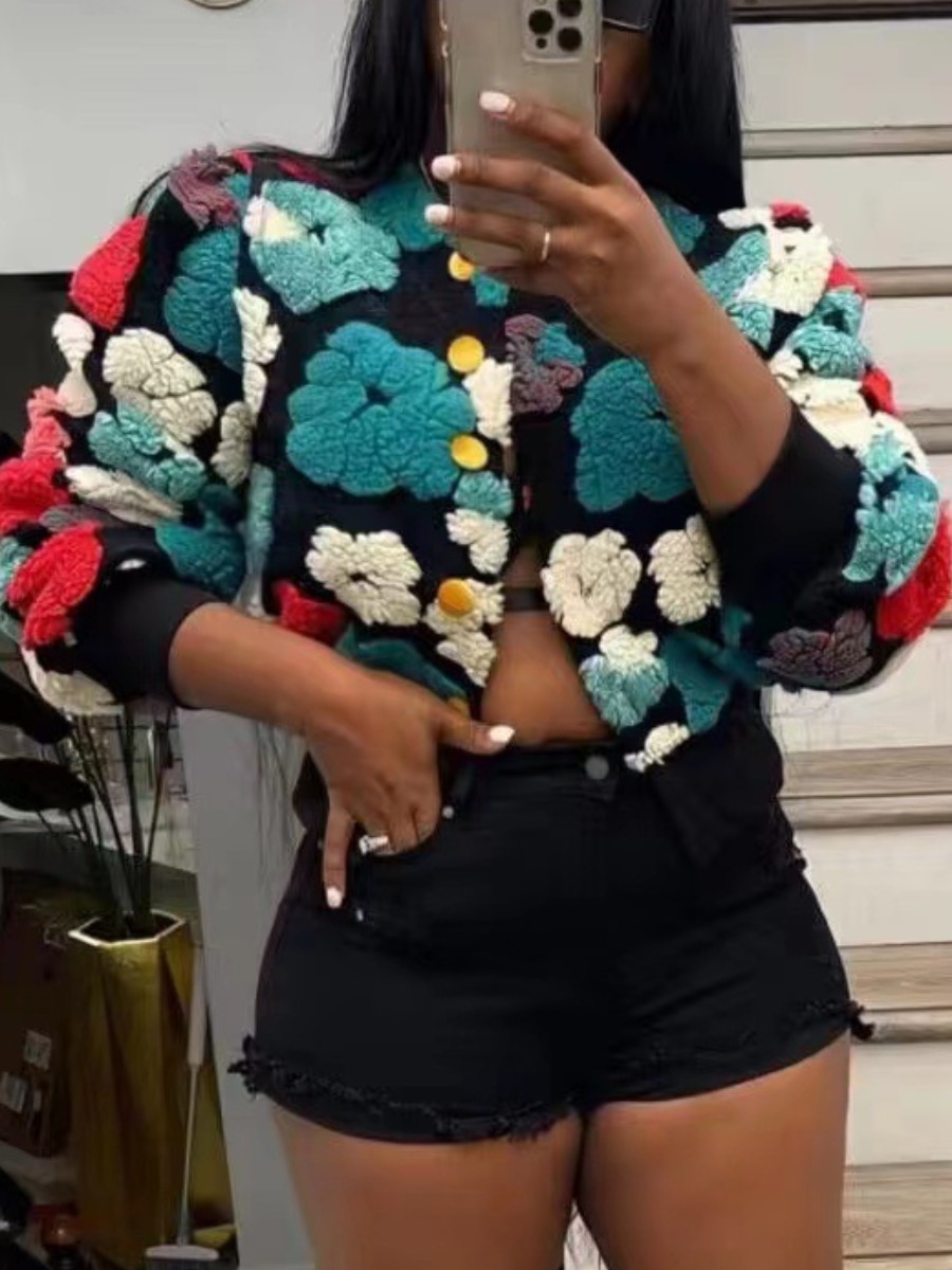LovelyWholesale Floral Decor Zipper Design Jacket Fall Nine Points Sleeve Casual Round Neck Spring Summer 2024