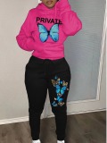 LW Butterfly Letter Print Kangaroo Pocket Tracksuit Set