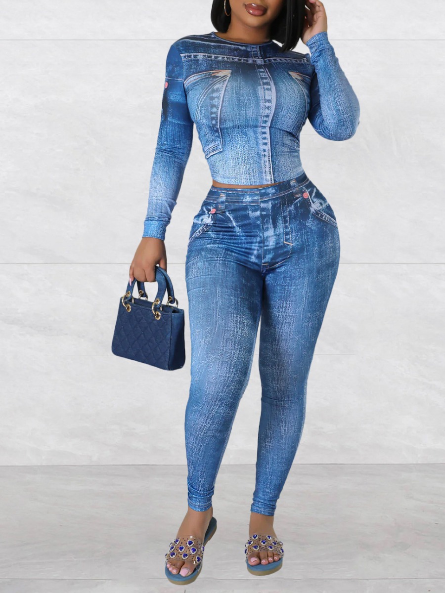 LW Imitation Denim Round Neck Skinny Pants Set