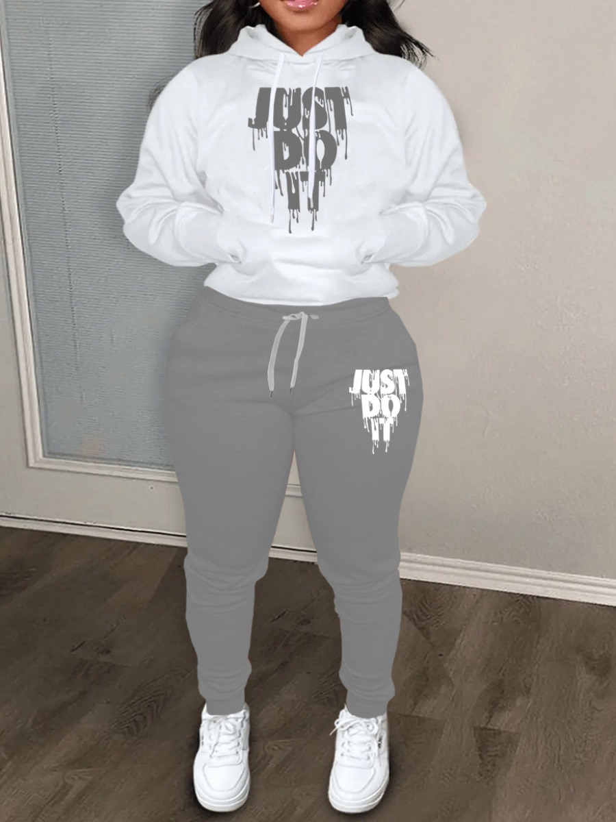 LW Plus Size Just Do It Letter Print Kangaroo Pocket Tracksuit Set