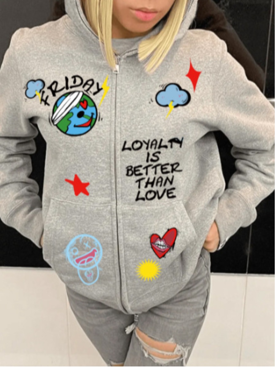 LW Cartoon Letter Print Kangaroo Pocket Jacket