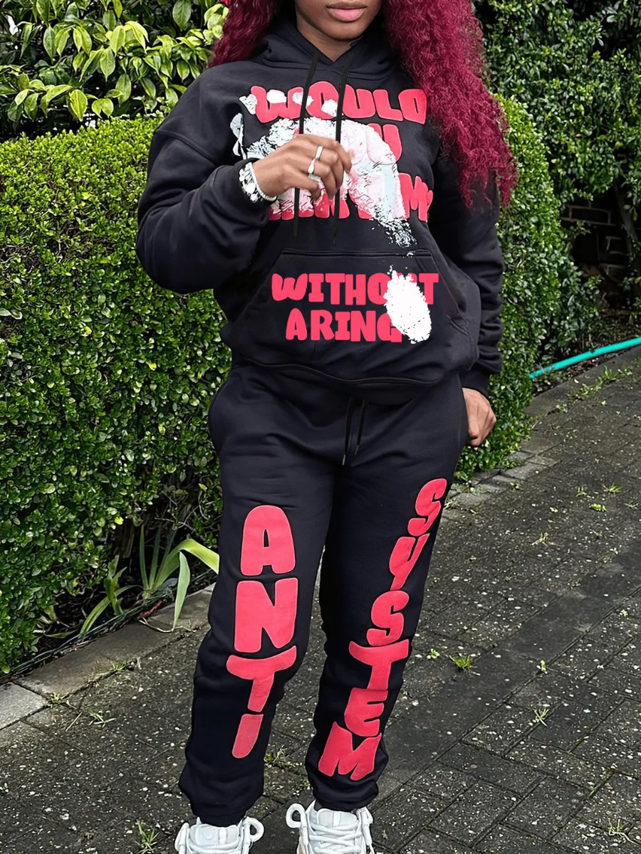 LW Plus Size Letter Print Kangaroo Pocket Tracksuit Set