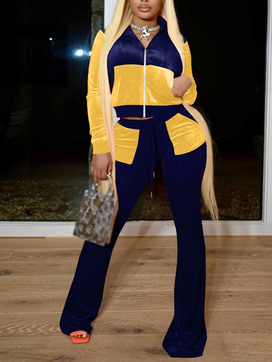 LovelyWholesale Velvet Kangaroo Pocket Patchwork Flared Pants Set Fall Long Sleeve Casual Hooded Collar Spring Summer 2024