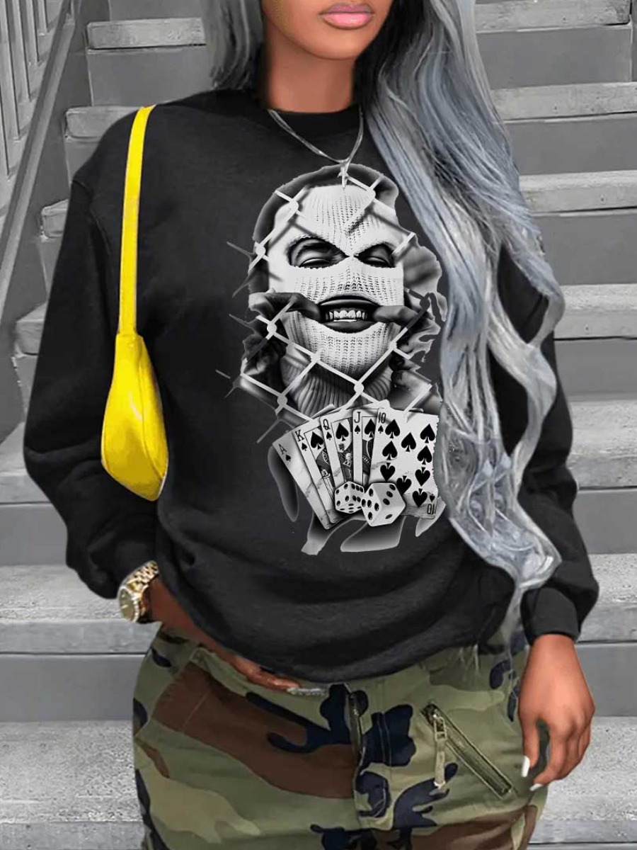 LovelyWholesale Plus Size Masked Face Poker Print Sweatshirt Fall Long Sleeve Casual Pattern Round Neck  5X Spring Summer 2024