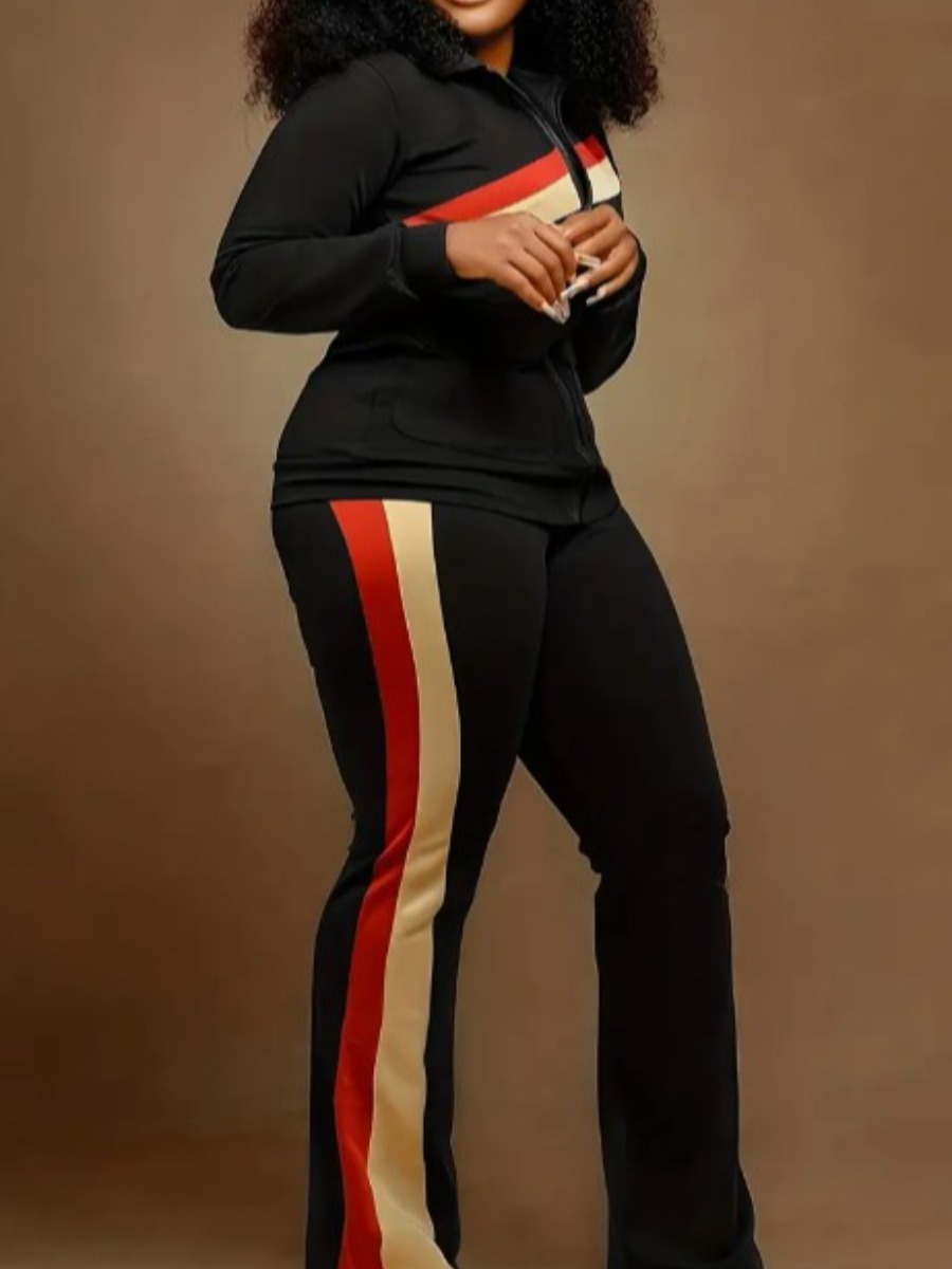 LovelyWholesale Plus Size Striped Flared Pants Set Fall Long Sleeve Casual Zipper Design Turndown Collar  3X Spring Summer 2024