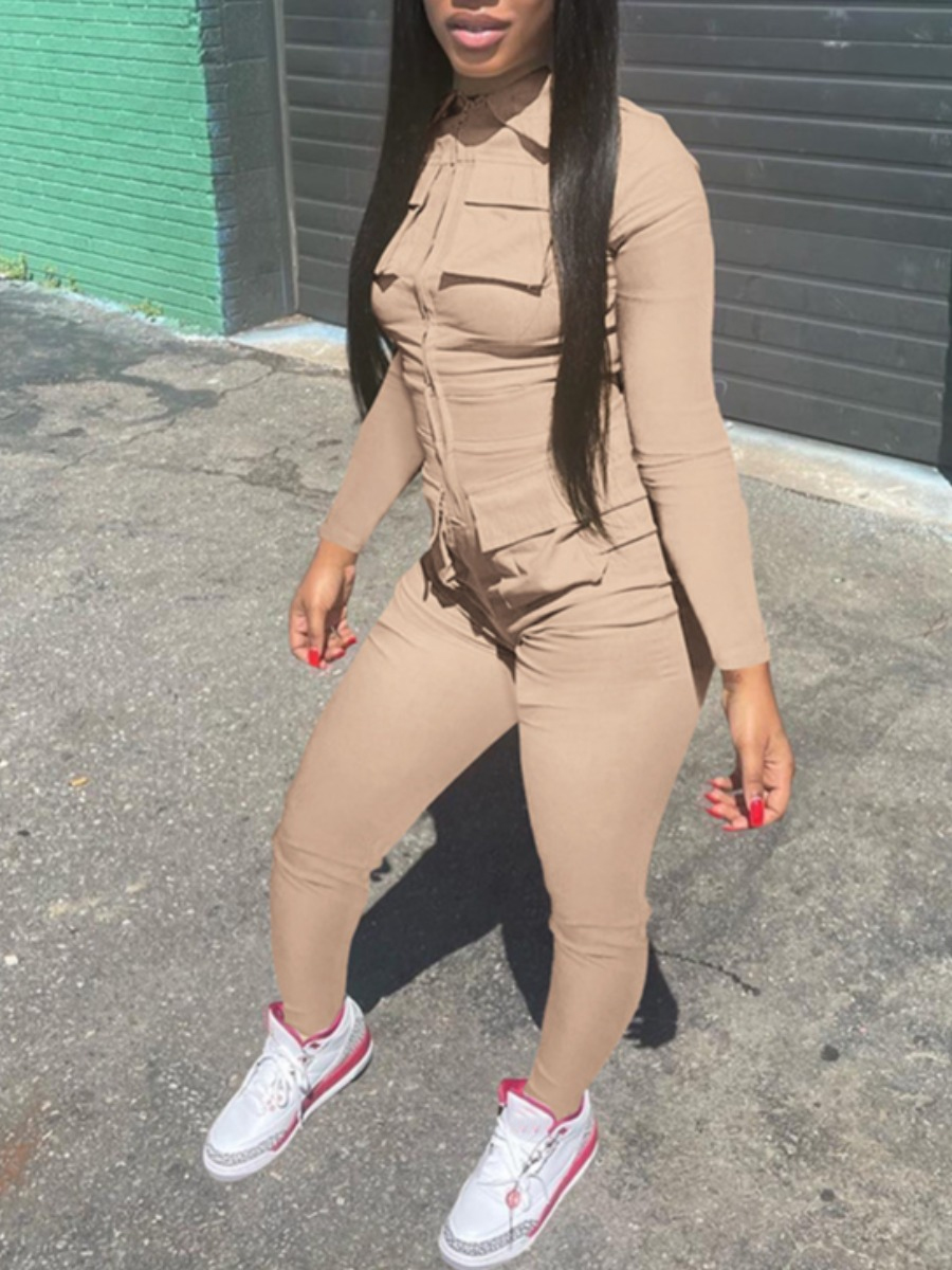 LovelyWholesale Zipper Pocket Design Skinny Jumpsuit Fall Long Sleeve Street Turndown Collar Spring Summer 2024