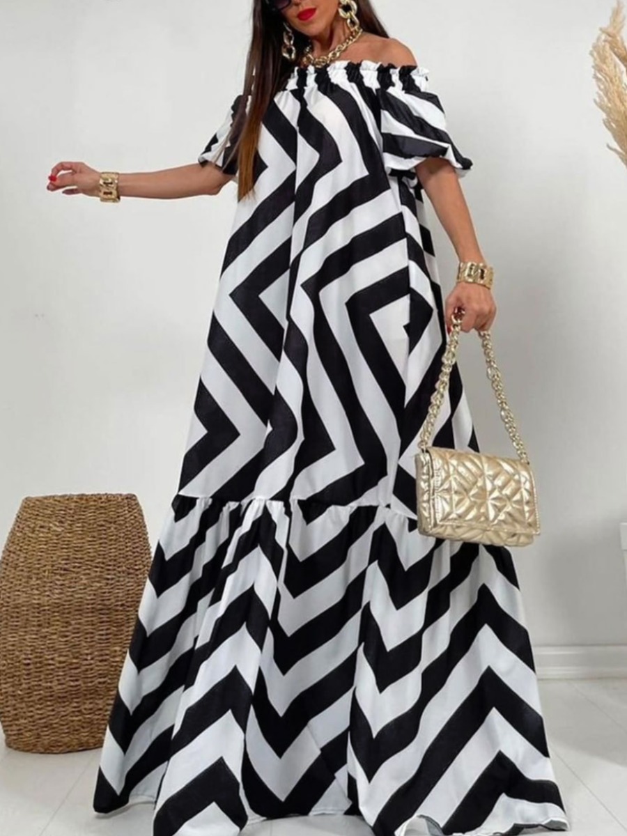 LW Plus Size One Shoulder Striped Ruffle Design A Line Dress
