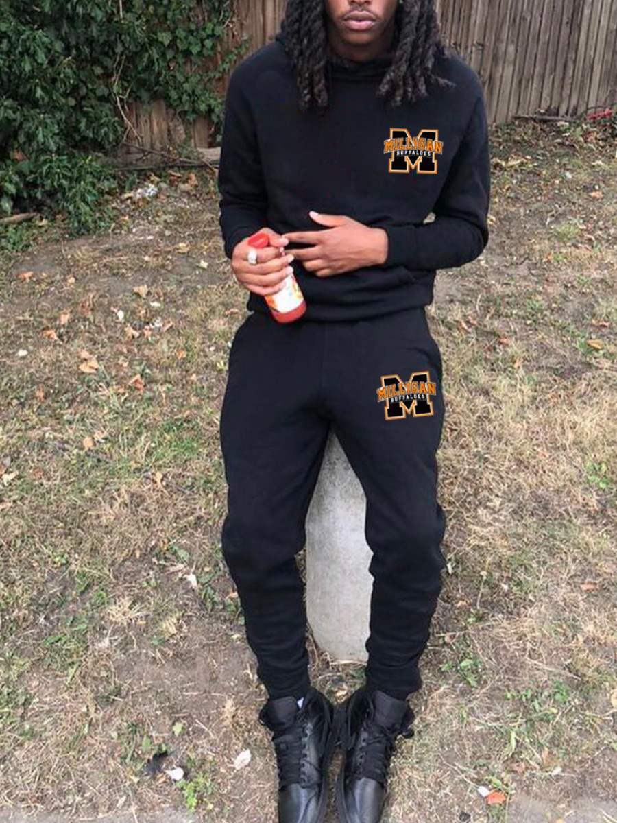 LW Men Letter Print Kangaroo Pocket Tracksuit Set