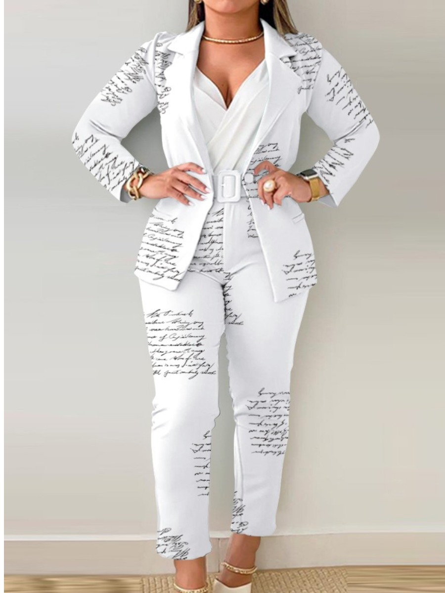 LW Plus Size Letter Print Belt Design Blazer Pants Set