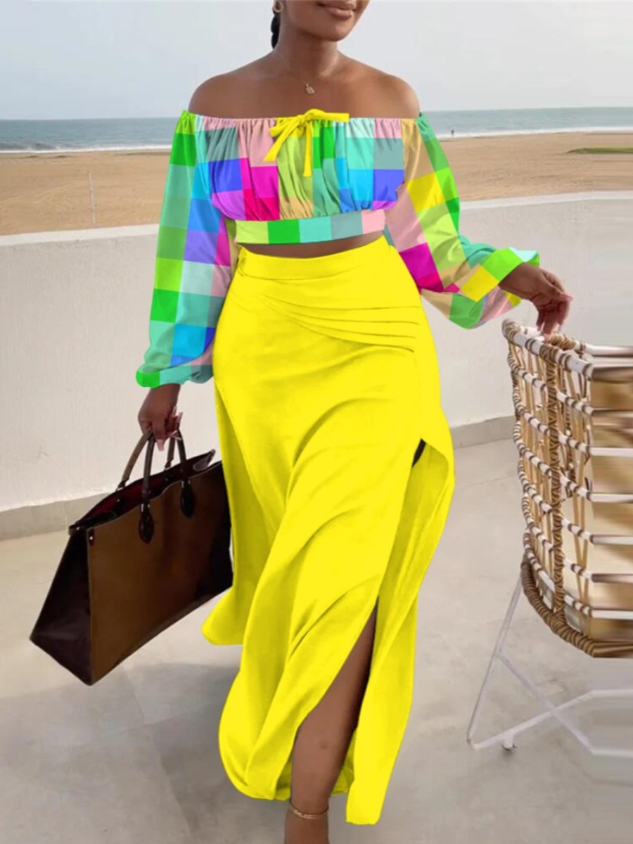 LW Plus Size Off The Shoulder Plaid Print Thigh Slit Skirt Set