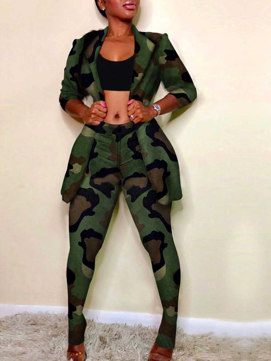 LovelyWholesale Camo Print Blazer Pants Set Fall Long Sleeve Casual Lapel Neck Spring Summer 2024