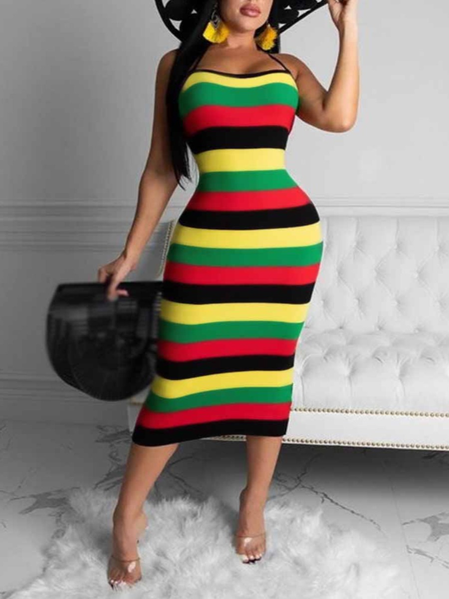 LW Backless Striped Bodycon Dress