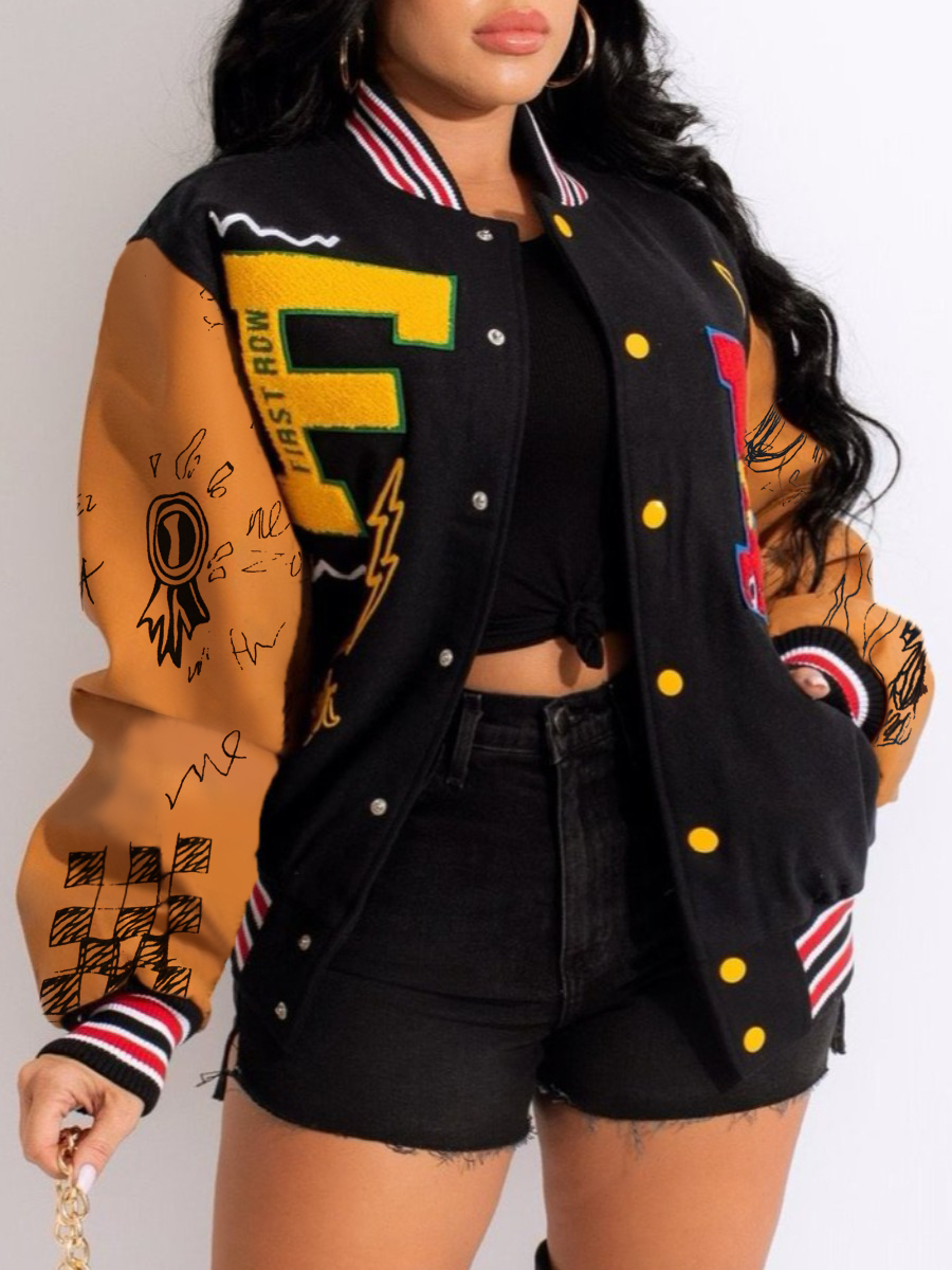 LovelyWholesale Cartoon Letter Decor Striped Jacket Fall Nine Points Sleeve Street Baseball Collar Spring Summer 2024