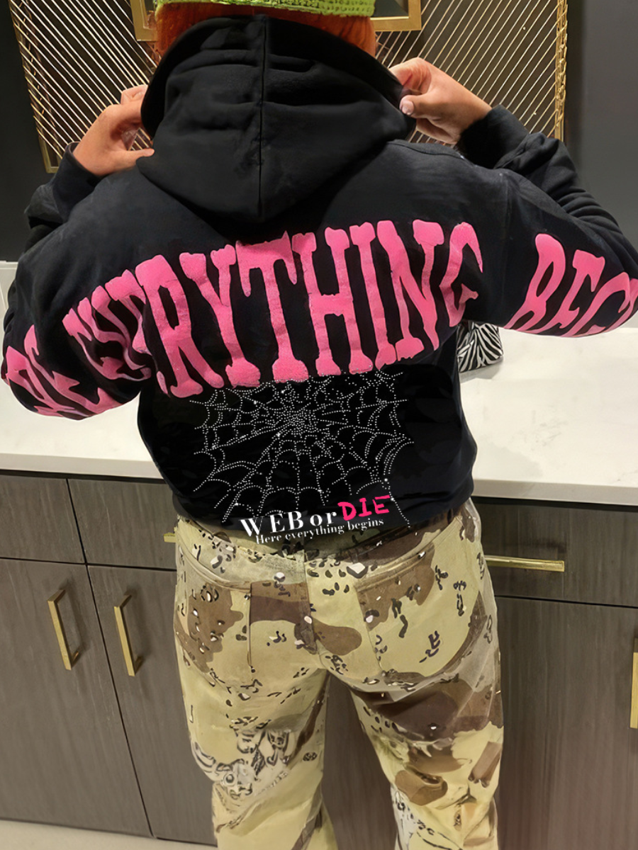 LW Letter Print Kangaroo Pocket Drawstring Loose Hoodie