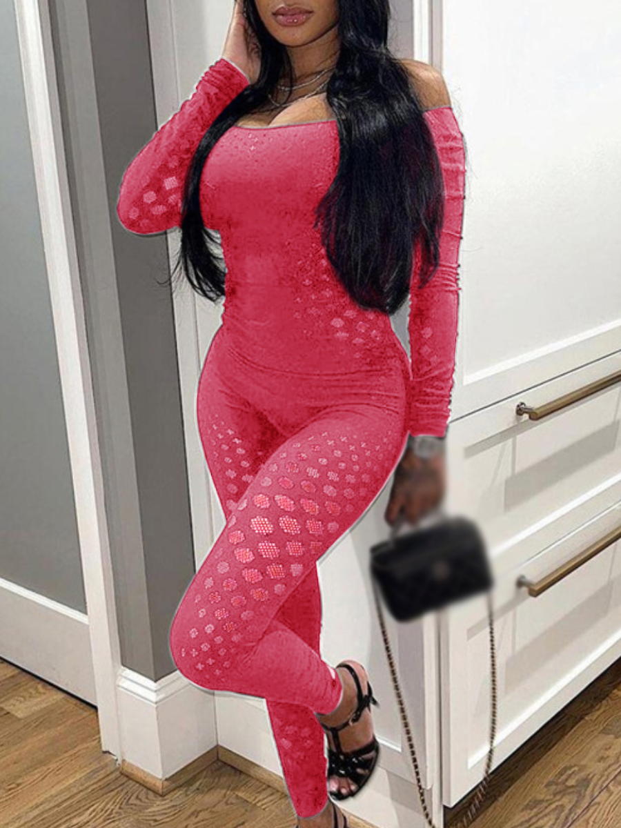 LovelyWholesale SXY See Through Pierced Skinny Jumpsuit Fall Long Sleeve Sxy See Through Bateau Neck Spring Summer 2024