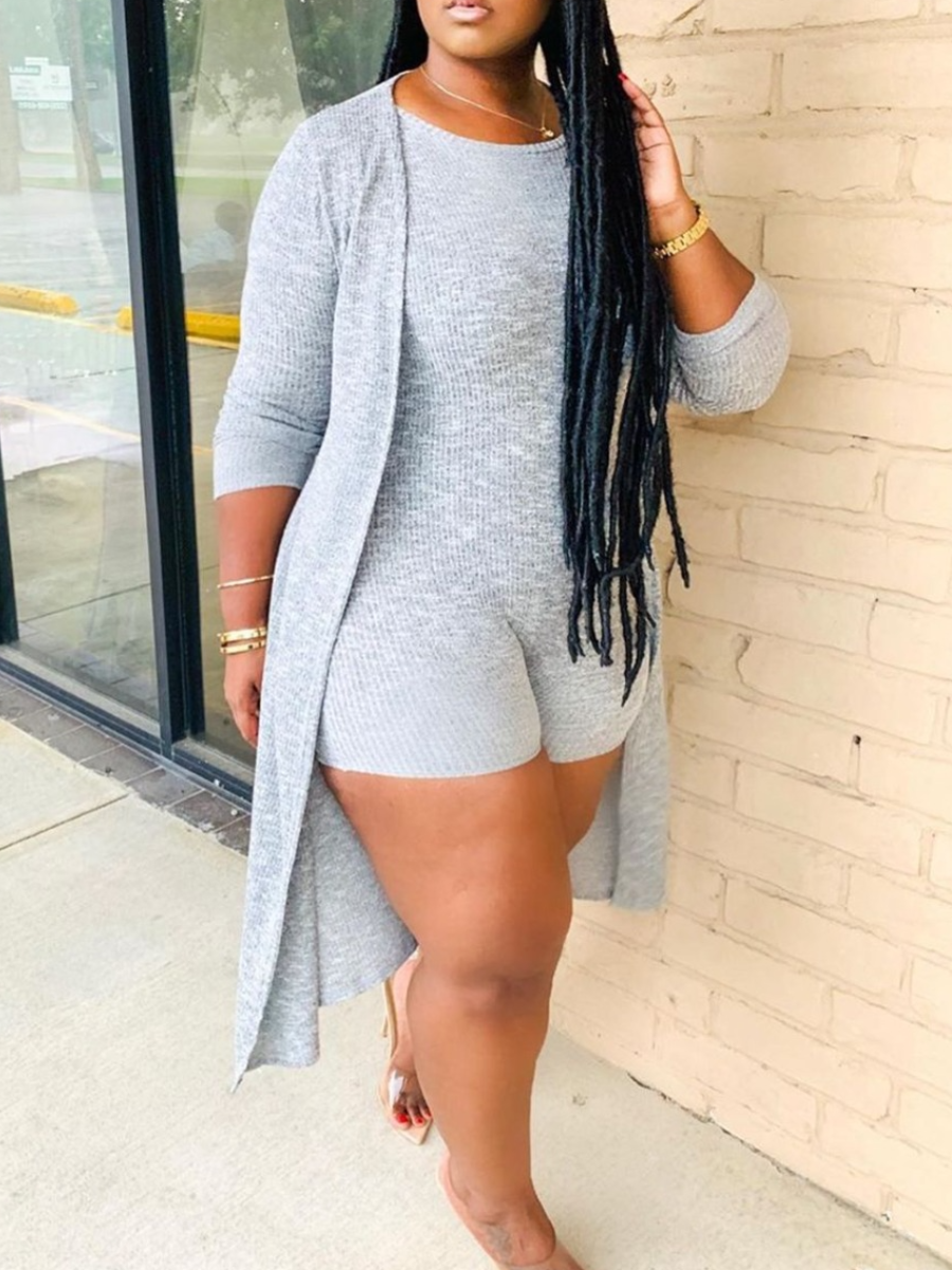 LW Plus Size Round Neck Rib Knit Romper Set