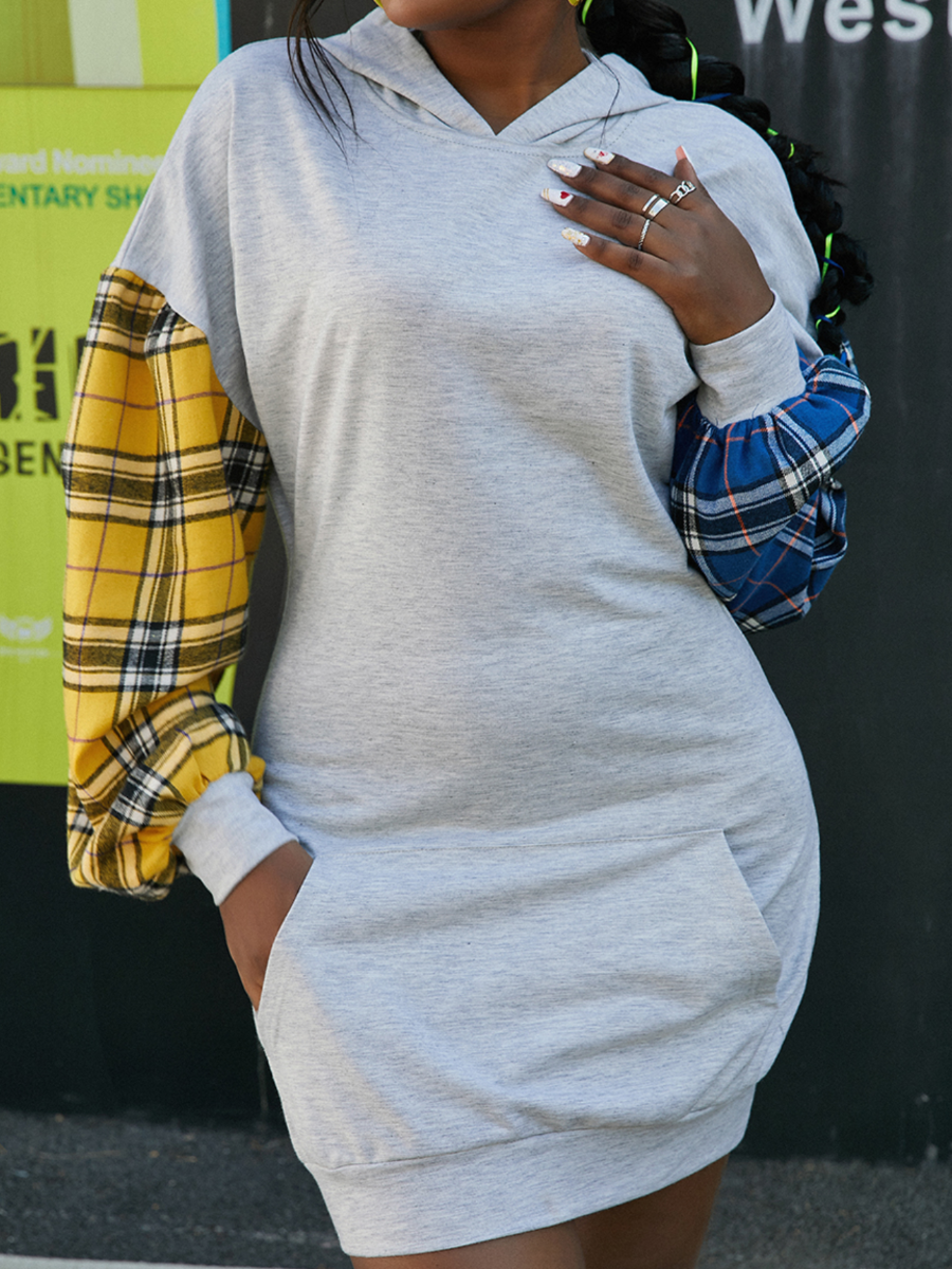 LW Hooded Collar Kangaroo Pocket Plaid Sweater Dress