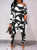 LW Plus Size One Shoulder Geometric Print Side Split Pants Set
