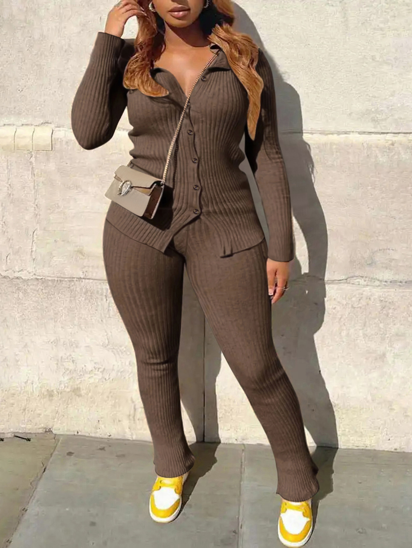 LovelyWholesale BASICS Plus Size Turndown Collar Rib Knit Pants Set Fall Long Sleeve Elegant Basic Turndown Collar  5X Spring Summer 2024