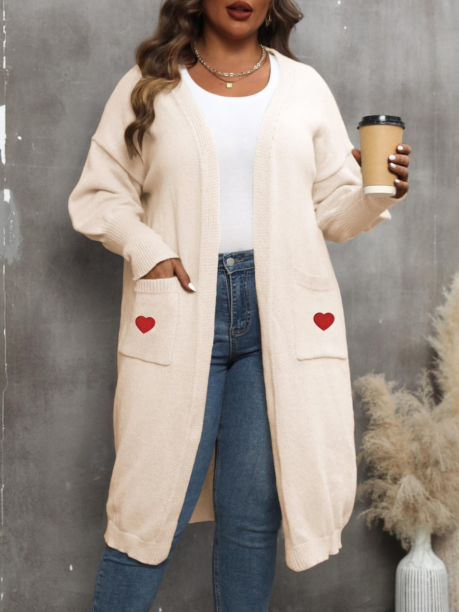 LW Plus Size Heart Print Pocket Design Cardigan