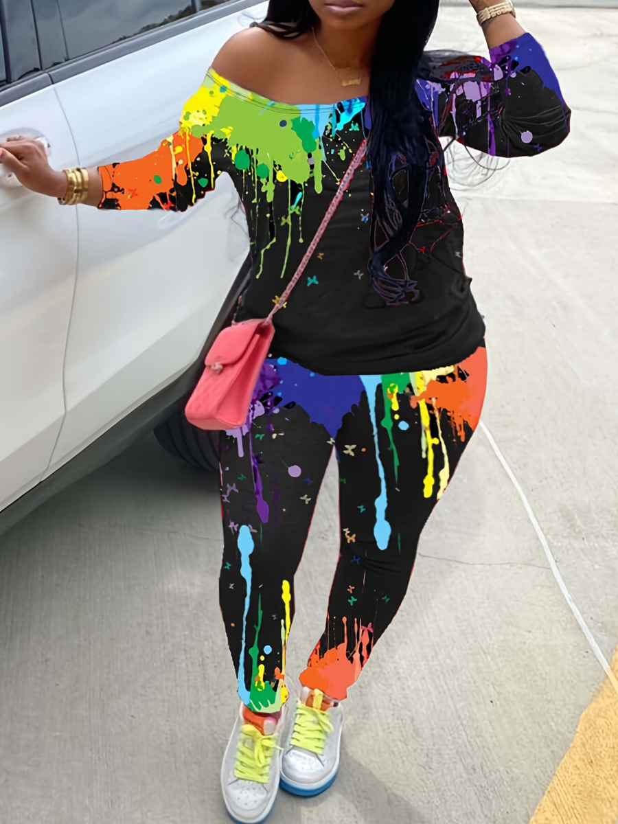 LovelyWholesale Plus Size Boat Neck Splash Ink Pants Set Fall Long Sleeve Casual Basic Boat Neck  5X Spring Summer 2024