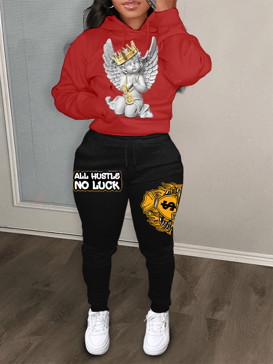 LovelyWholesale Crown Figure Money Print Pants Set Fall Long Sleeve Casual Pattern Hooded Collar Spring Summer 2024