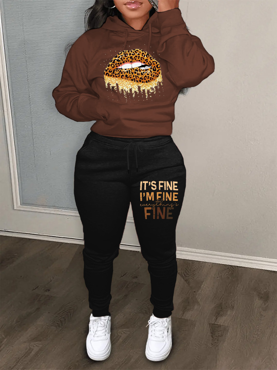 LovelyWholesale Lip Letter Print Kangaroo Pocket Tracksuit Pants Set Fall Long Sleeve Casual Pattern Hooded Collar Spring Summer 2024
