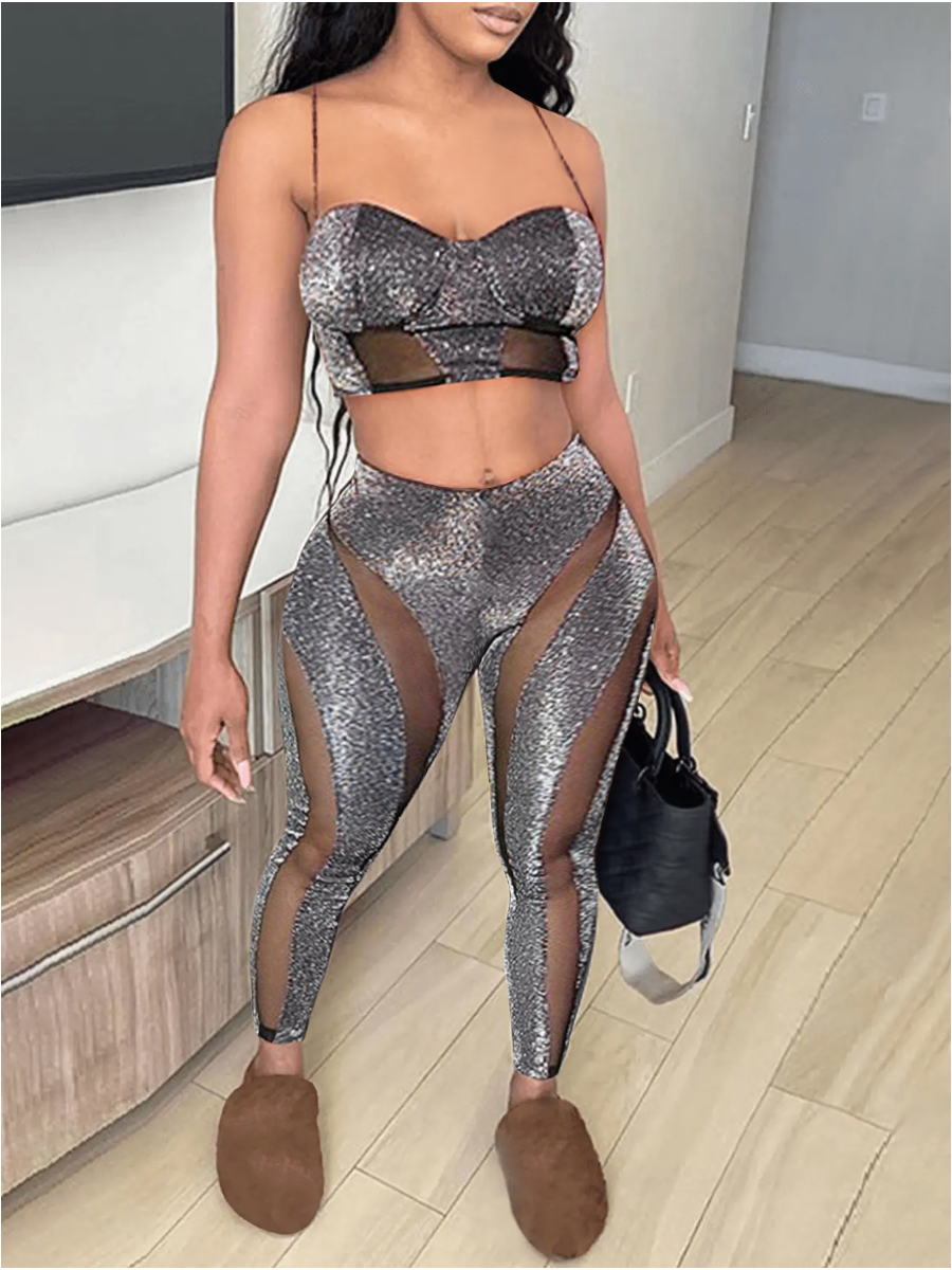 LW SXY See Through Sequined Skinny Cami Pants Set