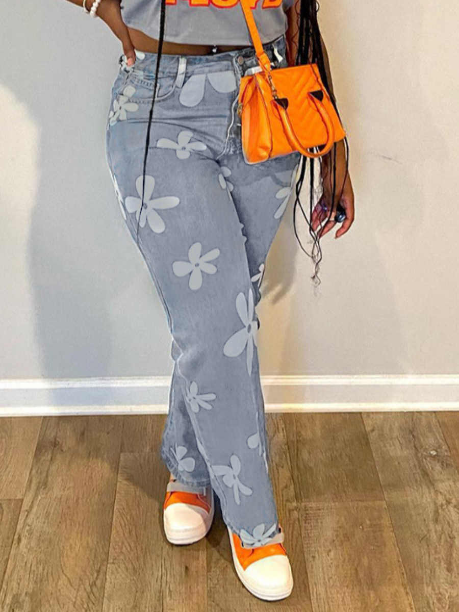 LW Mid Waist Floral Decor Low Stretchy Jeans