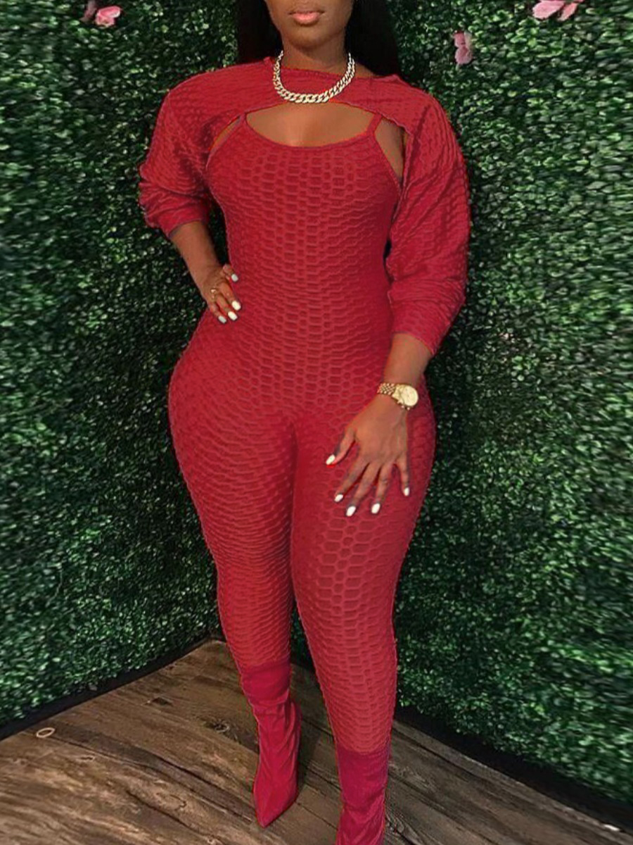 LovelyWholesale Plus Size Cami Skinny Jumpsuit Set Fall Long Sleeve Casual Solid Color Round Neck  3X Spring Summer 2024