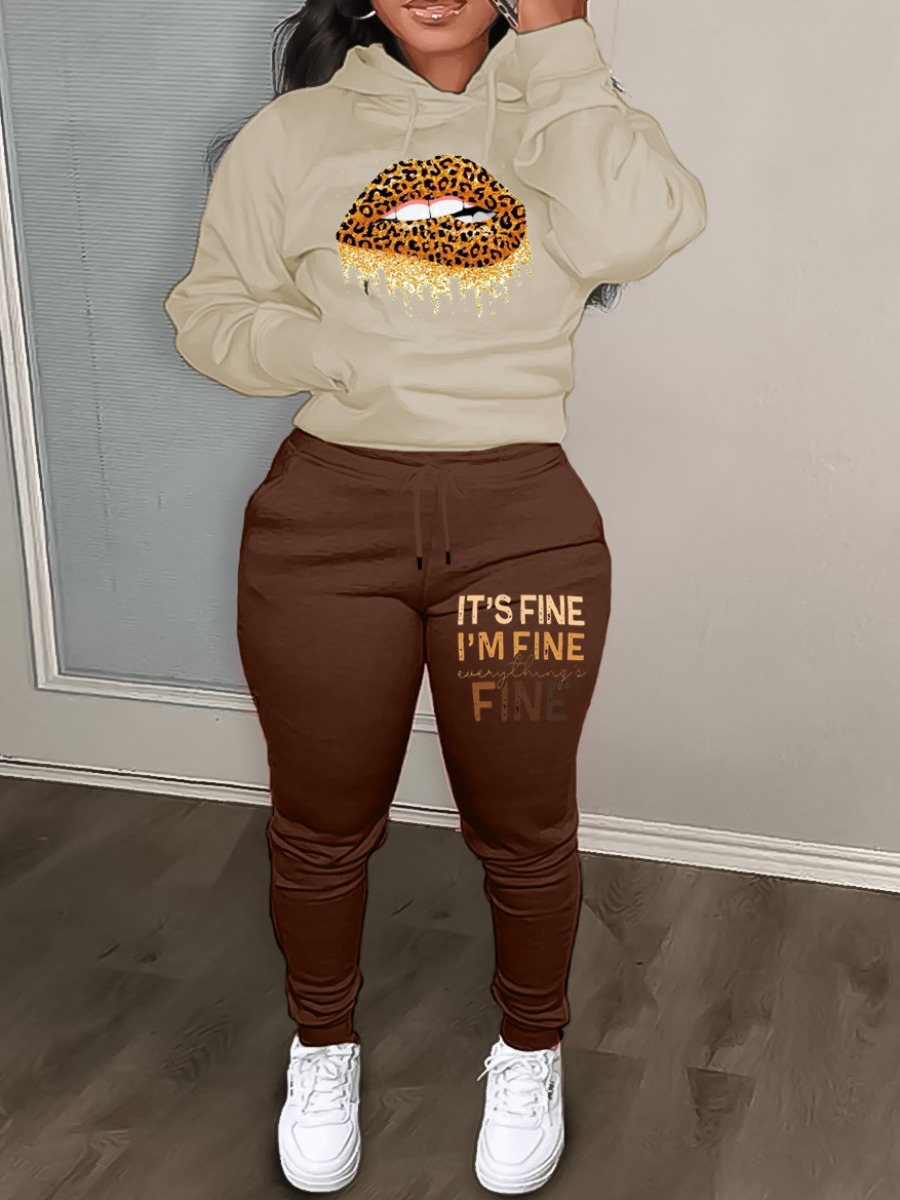 LW Lip Letter Print Kangaroo Pocket Tracksuit Pants Set
