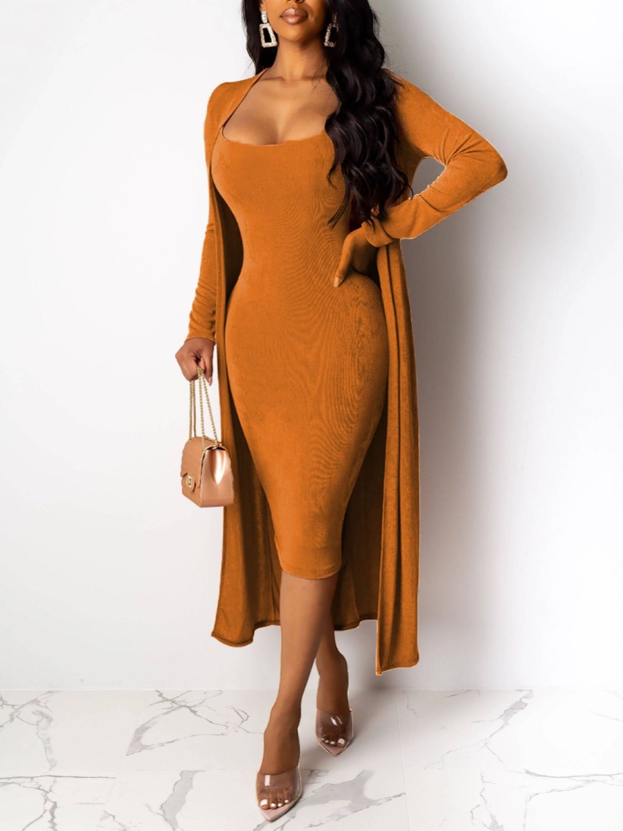 LovelyWholesale Velvet Cami Bodycon Dress Set Spring Long Sleeve Casual Solid Color Conventional Collar Spring Summer 2024