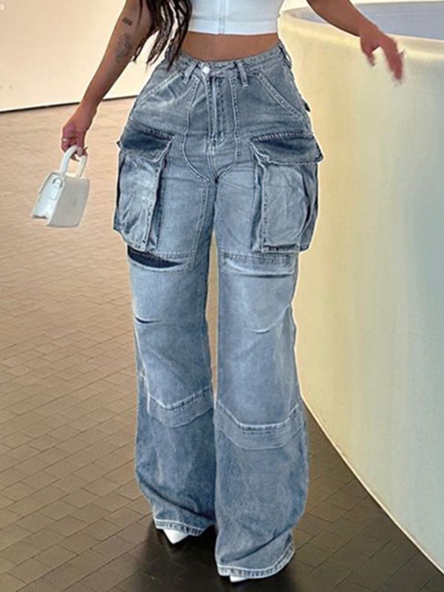 LovelyWholesale High Waist Side Pocket Cargo Jeans Spring|Fall Nine Points Sleeve Street Spring Summer 2024