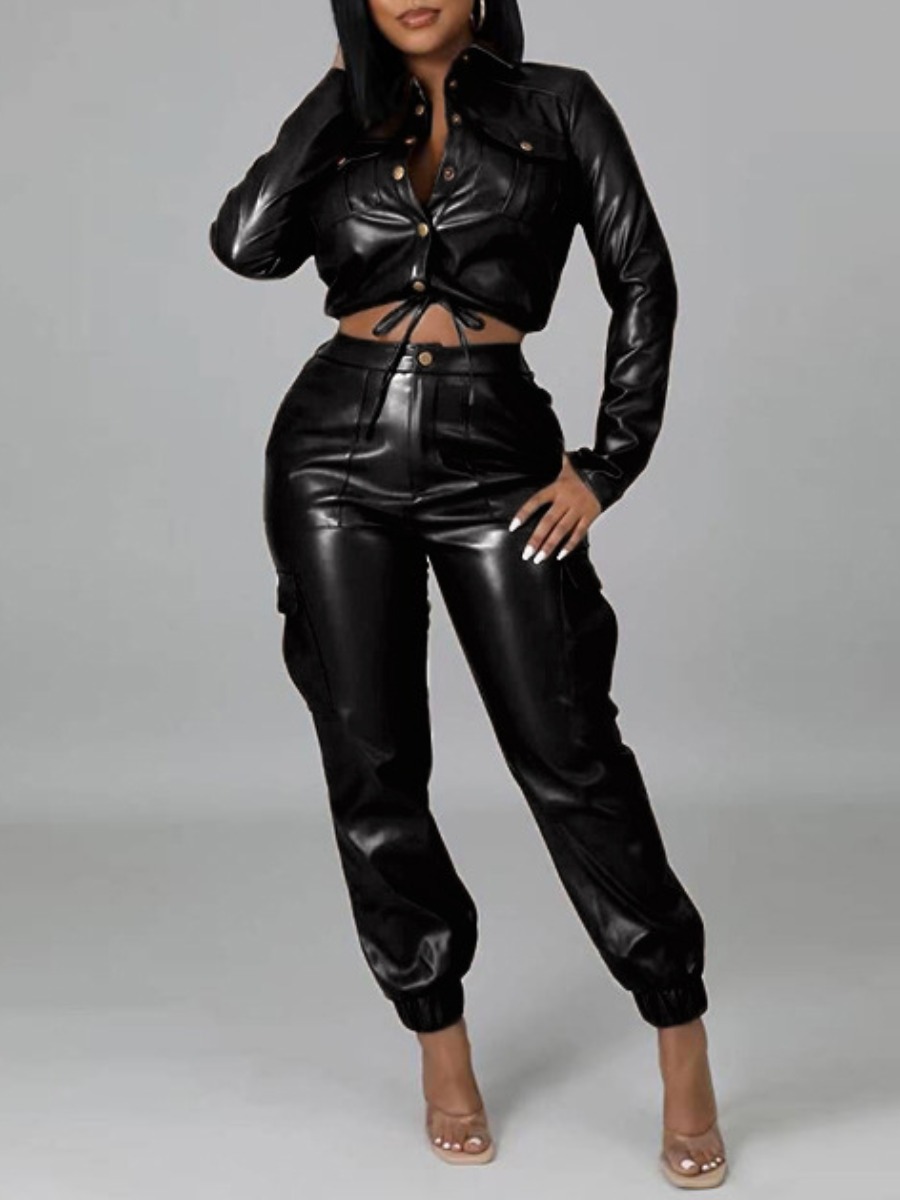LovelyWholesale Faux Leather Drawstring High Waist Pants Set Fall Long Sleeve Street Turndown Collar Spring Summer 2024