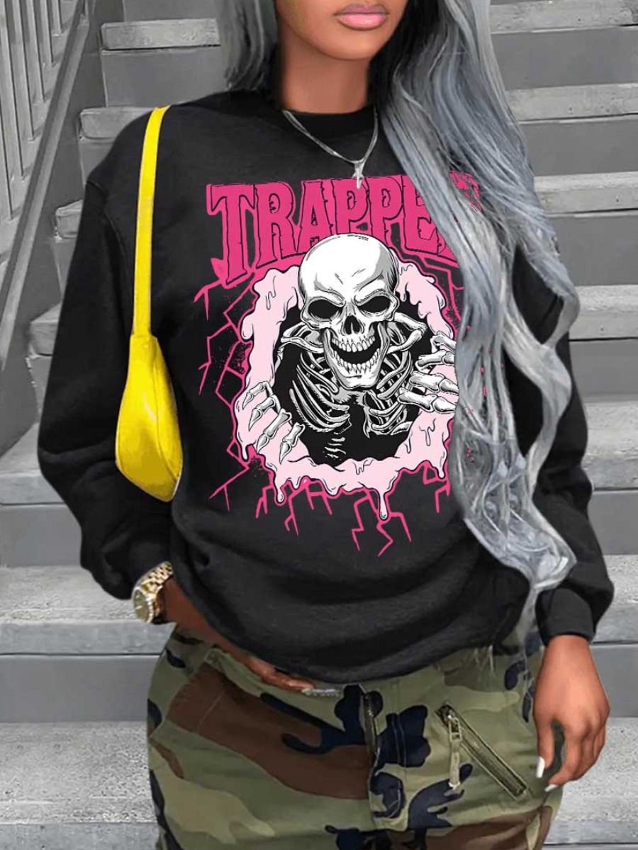 LovelyWholesale Skull Head Letter Print Sweatshirt Fall Casual Pattern Round Neck Spring Summer 2024