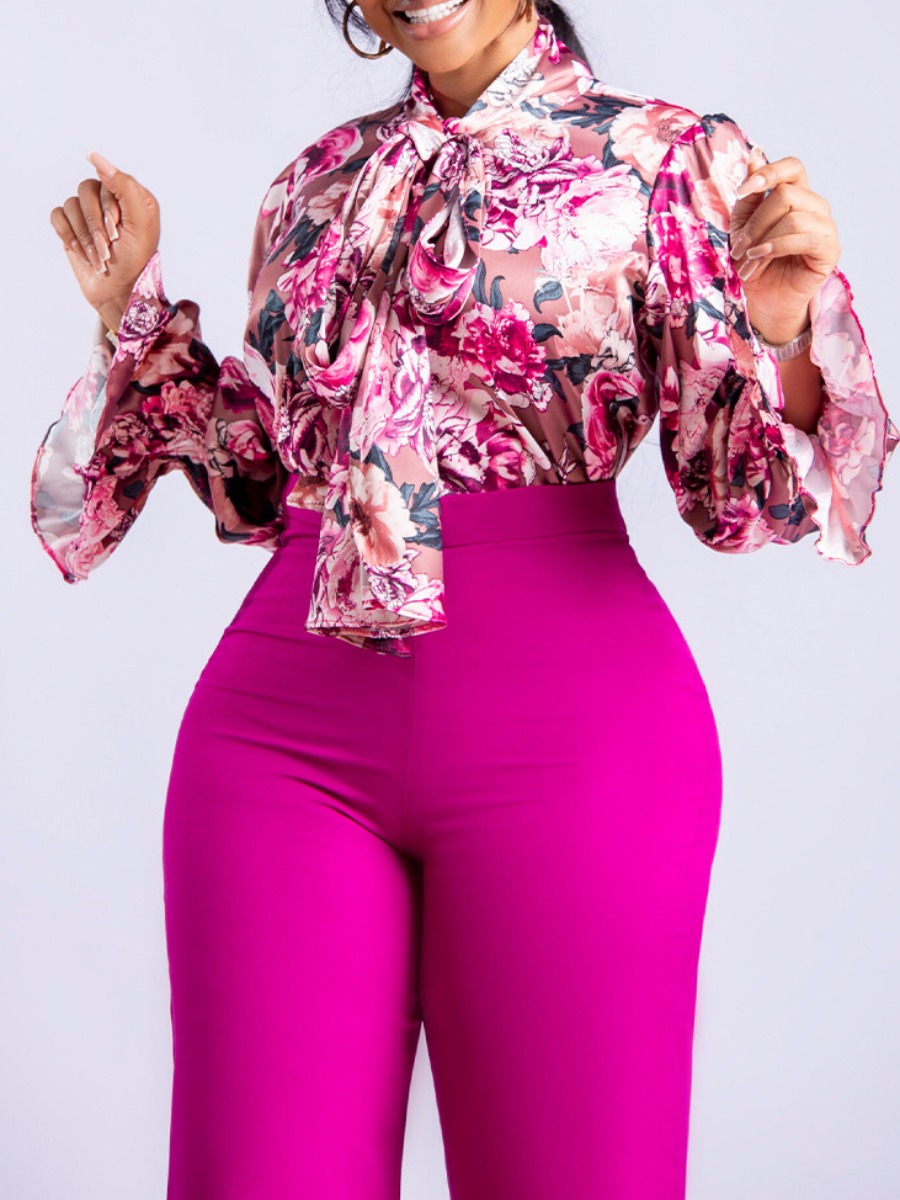 LovelyWholesale Plus Size Tie Neck Floral Print Ruffle Design Pants Set Fall Long Sleeve Casual Round Neck  3X Spring Summer 2024