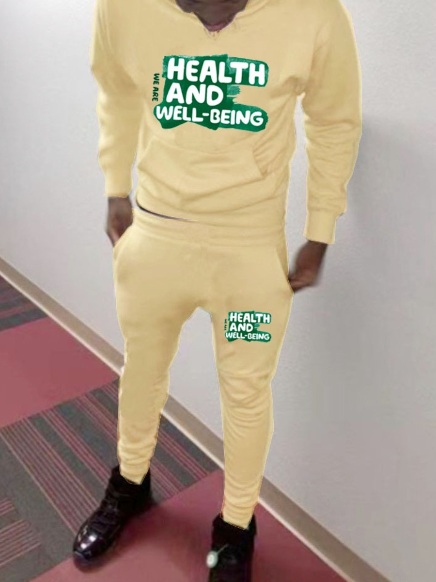 LW Men Letter Print Kangaroo Pocket Tracksuit Set