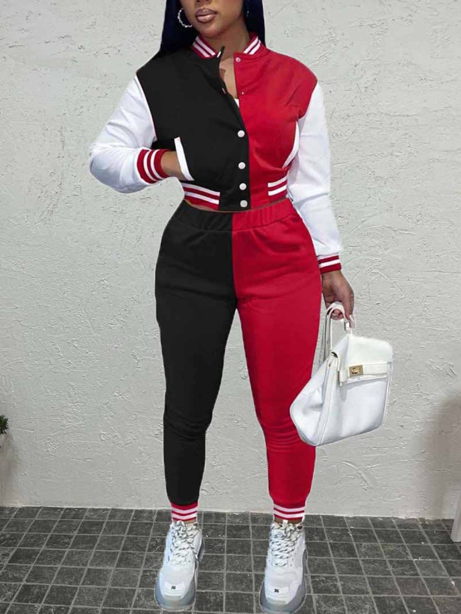 LovelyWholesale Patchwork Breasted Color Block Skinny Two-piece Pants Set Fall Long Sleeve Casual Baseball Collar Spring Summer 2024