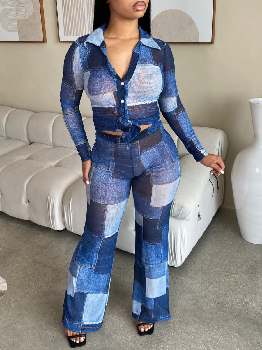 LW Imitation Denim Flared High Waist Pants Set