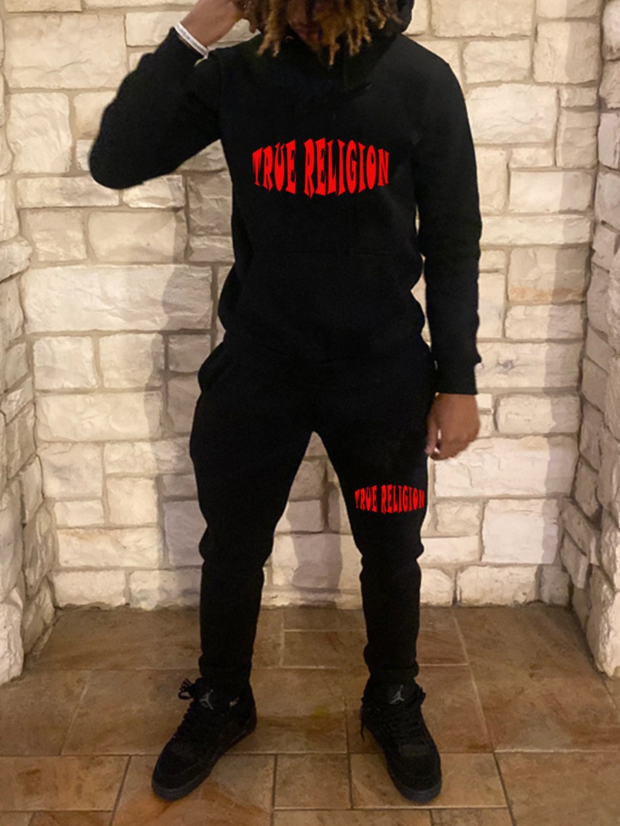 LW Men Letter Print Kangaroo Pocket Tracksuit Set