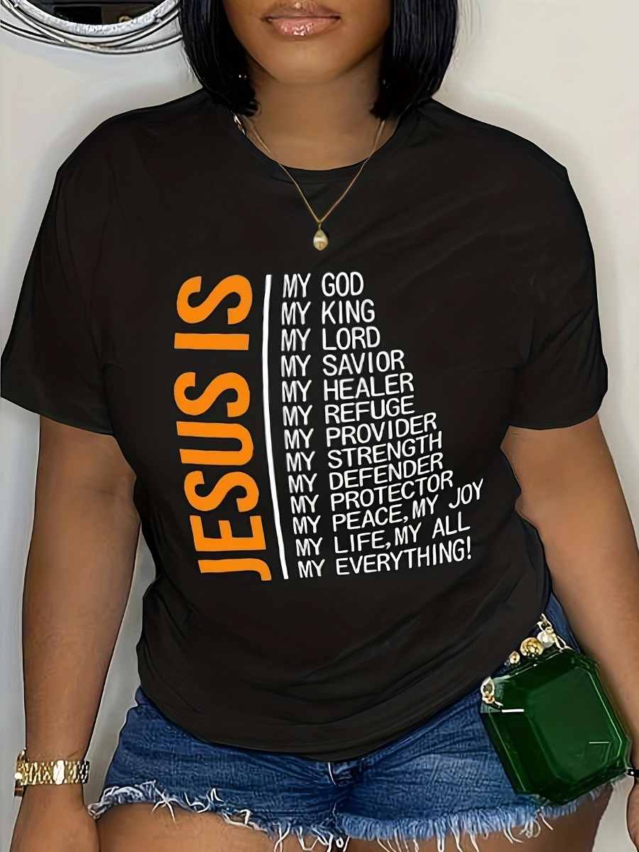 LovelyWholesale Plus Size Round Neck Letter Print T-shirt Summer Short Sleeve Casual Pattern Round Neck  5X Spring Summer 2024